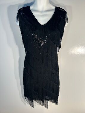 Pretty Guide NWT SZ L Black Fringe Sequin Dress Cocktail 20s Black Tie Sexy